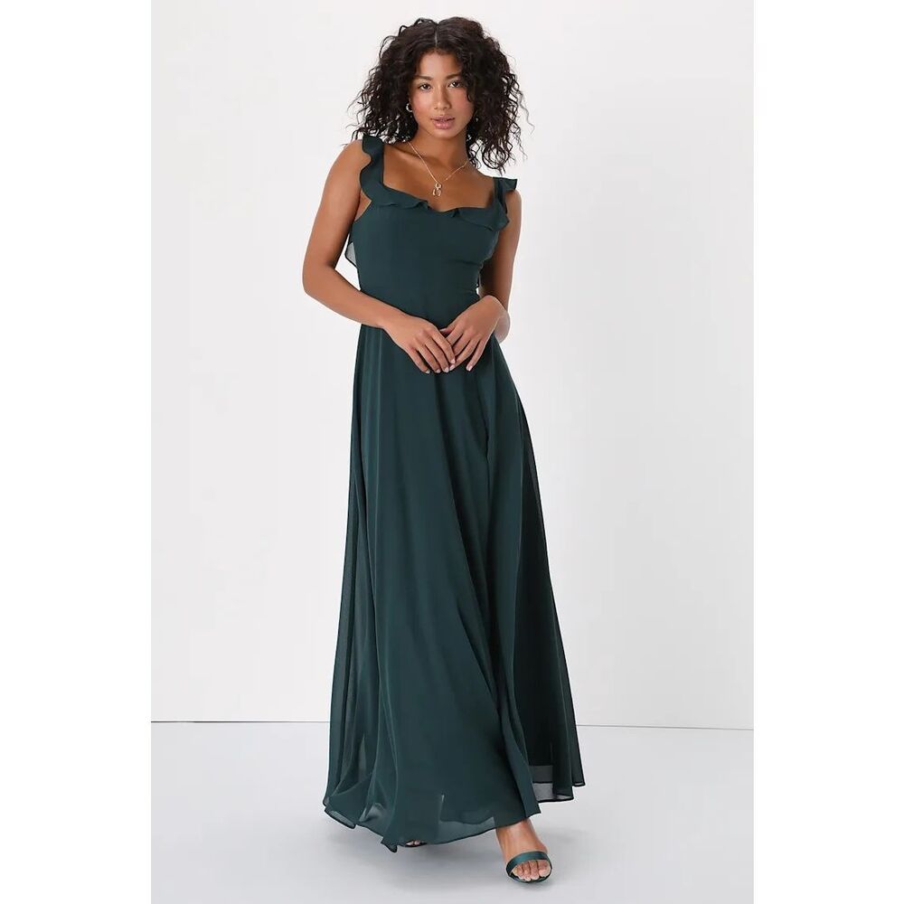 Lulus Dreamy Admiration Emerald Green Ruffled Maxi Dress Size XL NWT